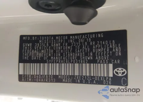 2020 Toyota Corolla Le из США, поврежденный, VIN 5YFEPRAE6LP031862